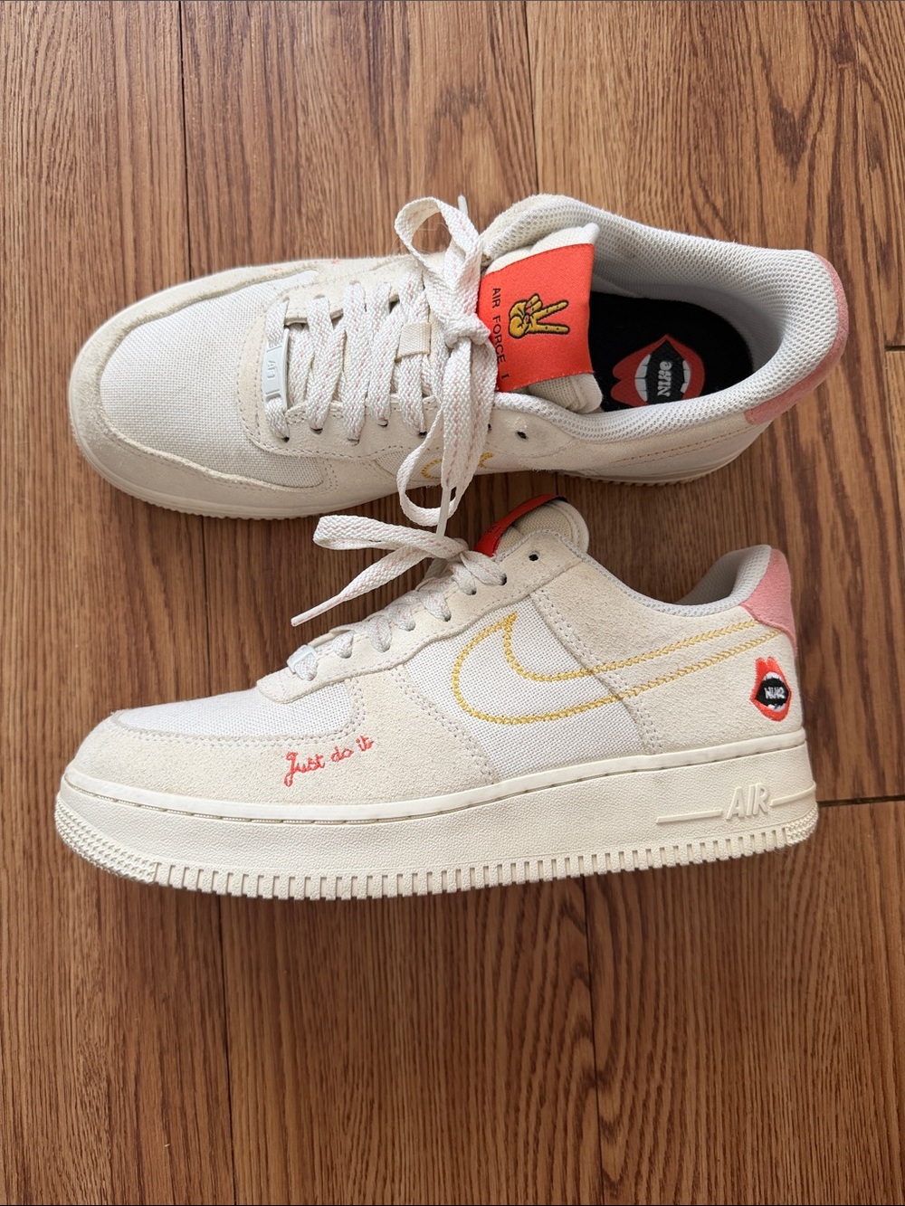Nike Womens Cream & Pink Air Force 1 Low Sneakers with Yellow Swoosh